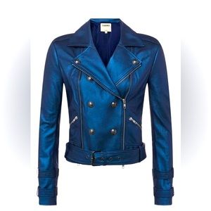 NEW L’Agence Billie Belted Leather Jacket Iridescent Blue